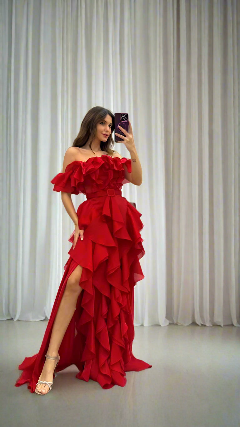 RUFFLE LAYERED OFF SHOULDER GOWN RUFFLE LAYERED OFF SHOULDER GOWN