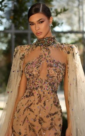 sheer swarovski crystal dress SWAROVSKI JEWELLED SHEER GOWN WITH TULLE DRAPE SLEEVE