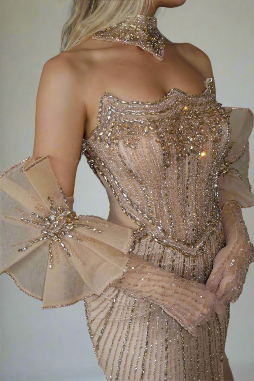 BEADED CORSET GOWN WITH DETACHABLE GLOVES BEADED CORSET GOWN WITH DETACHABLE GLOVES