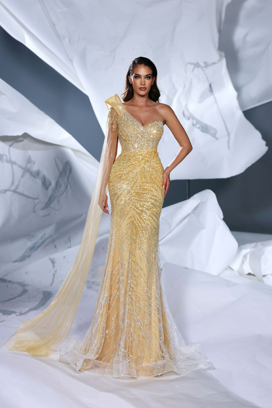 MODESSA COUTURE GOLD ONE SHOULDER DRAPED TULLE GOWN