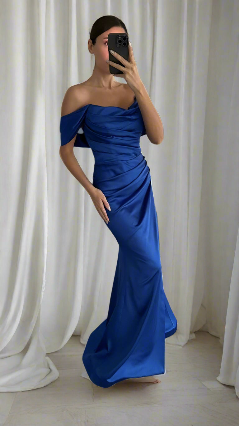 DRAPED SATIN GOWN WITH DROPPED SLEEVE