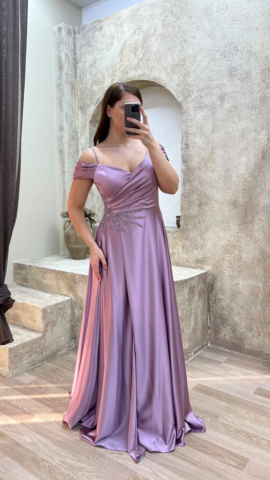 A LINE SATIN GOWN WITH EMBROIDERED WAIST FEATURE