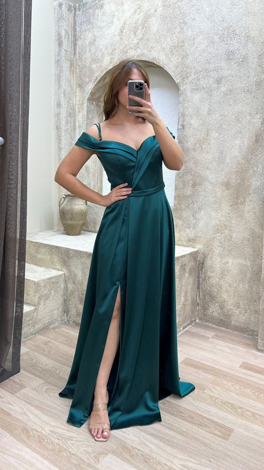 A-LINE SATIN GOWN WITH PLEATED OFF SHOULDER FEATURE