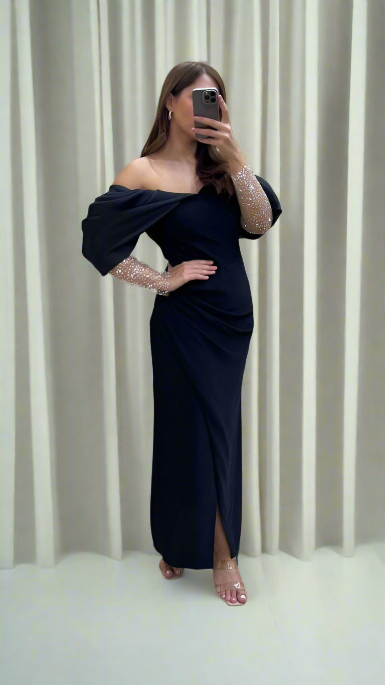 OFF SHOULDER MIDI DRESS WITH EMBELLISHED TULLE SLEEVES