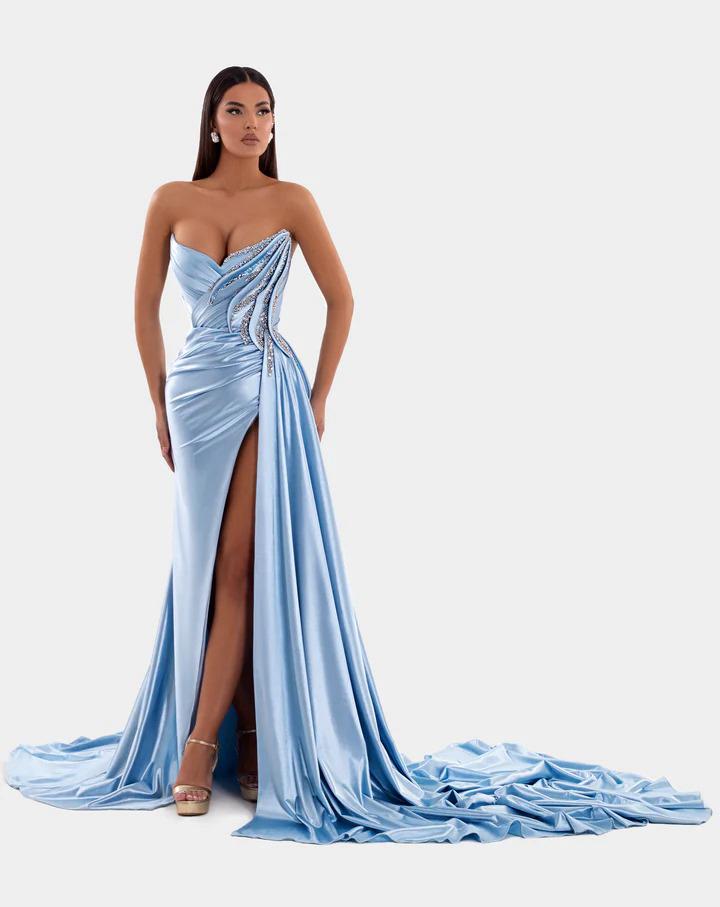 ALBINA DYLA BABY BLUE SATIN GOWN WITH BEADED BUST AND SIDE TRAIN ALBINA DYLA BABY BLUE SATIN GOWN WITH BEADED BUST AND SIDE TRAIN