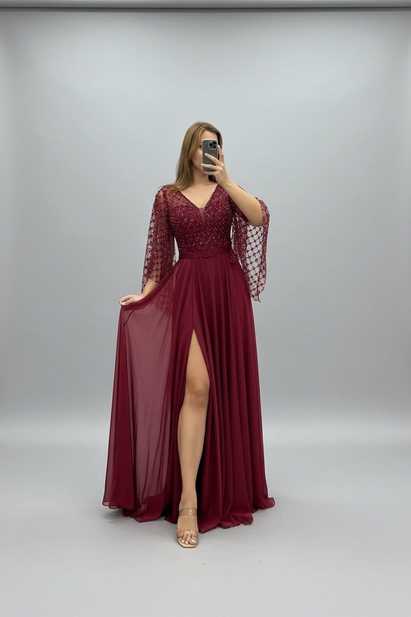 EMBELLISHED DRAPED SLEEVE & BUST A LINE GOWN