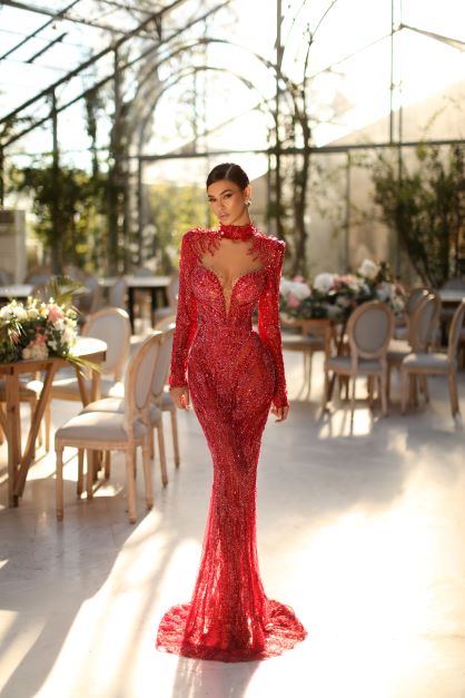 BEADED RED SLEEVED GOWN WITH DETACHABLE SKIRT