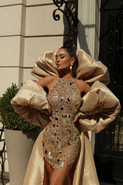 GOLD BEADED SHORT MIRROR DRESS - Main Image