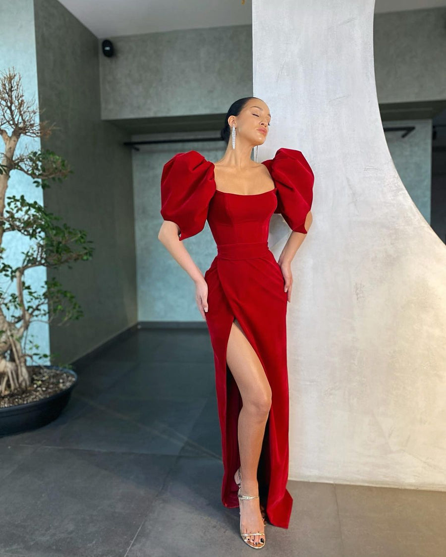 LS RED VELVET DRESS WITH PUFF-SLEEVE