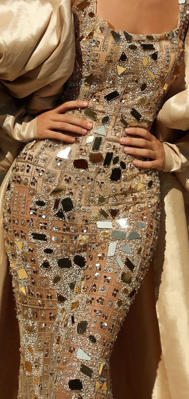 GOLD BEADED LONG MIRROR DRESS WITH SLEEVES GOLD BEADED LONG MIRROR DRESS WITH SLEEVES