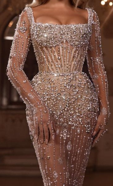 SWAROVSKI & PEARL BEADED BUSTIER GOWN SWAROVSKI & PEARL BEADED BUSTIER GOWN