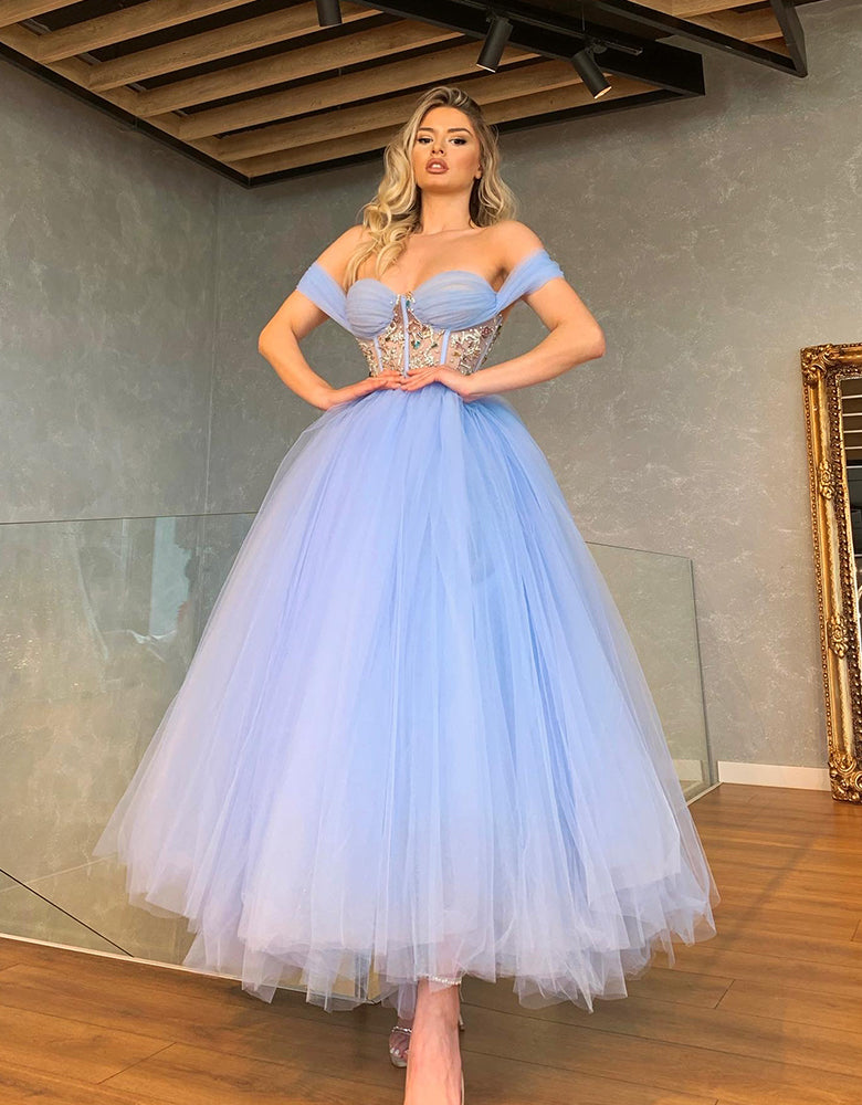 WFG BLUE TULLE CORSET MIDI DRESS WITH BEADING WFG BLUE TULLE CORSET MIDI DRESS WITH BEADING