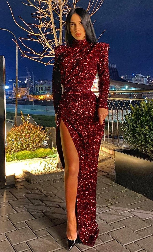LS SEQUIN LONG-SLEEVE DRESS WITH HIGH SPLIT LS SEQUIN LONG-SLEEVE DRESS WITH HIGH SPLIT