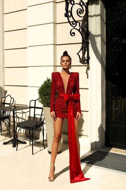 RED BEADED SHORT DRESS WITH RED RIBBON RED BEADED SHORT DRESS WITH RED RIBBON