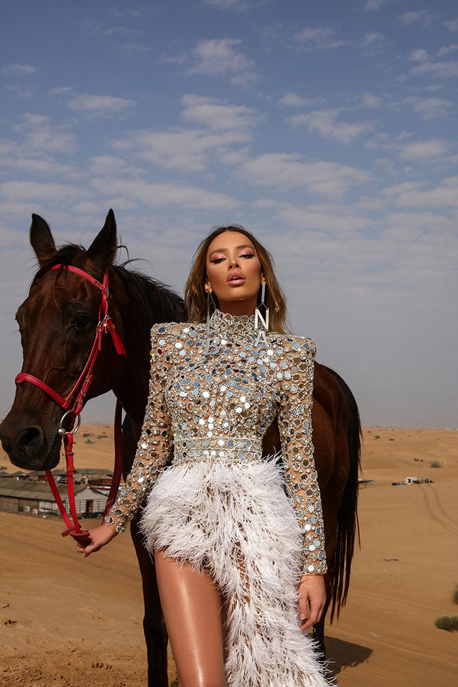 ALBINA DYLA SILVER BEADED MIRROR DRESS WITH FEATHER SKIRT