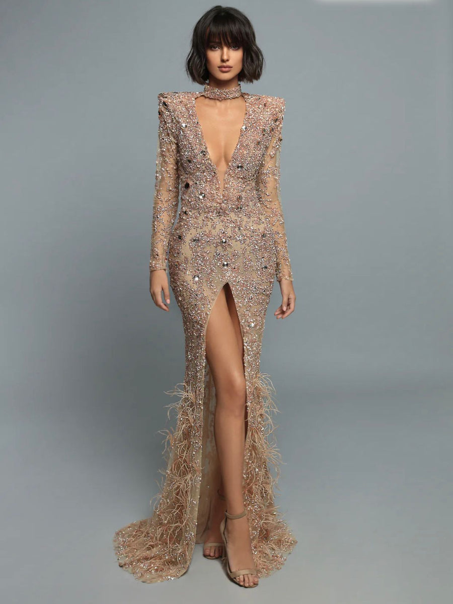 ANASTASIA BEADED GOWN WITH FEATHER TRAIN