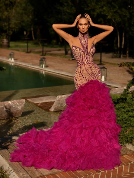 FUSCHIA BEADED FLAMENCO GOWN FUSCHIA BEADED FLAMENCO GOWN