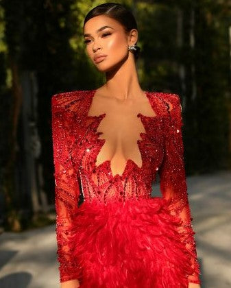 BEADED RED CORSET DRESS WITH LONG FEATHER SKIRT BEADED RED CORSET DRESS WITH LONG FEATHER SKIRT