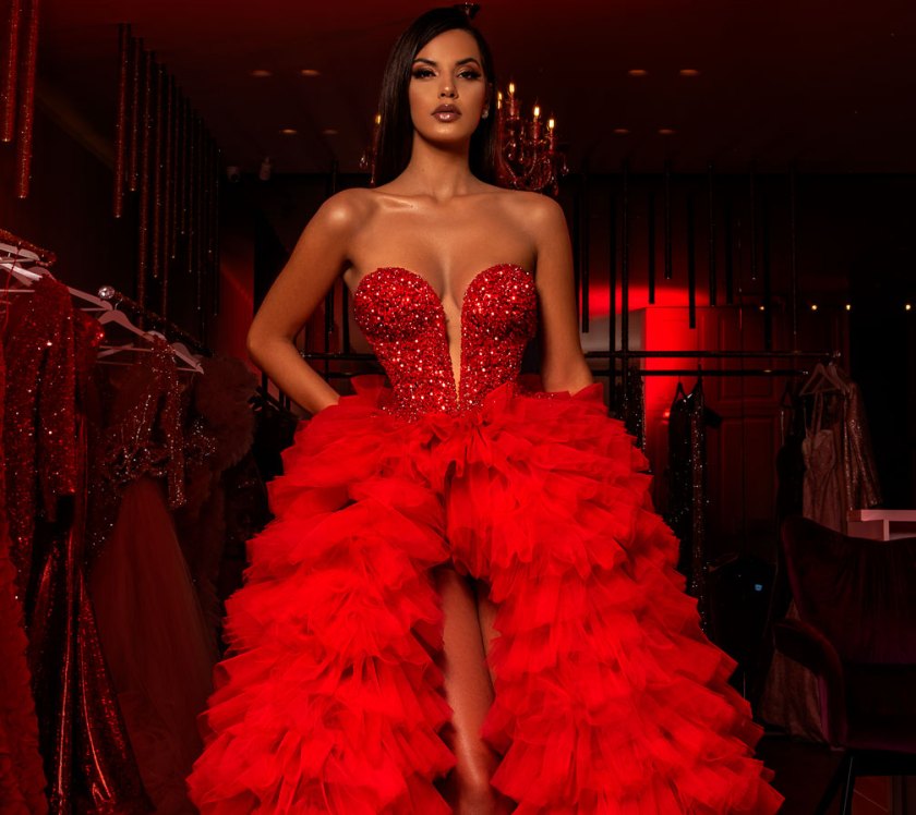 ALBINA DYLA RED BEADED RUFFLE GOWN
