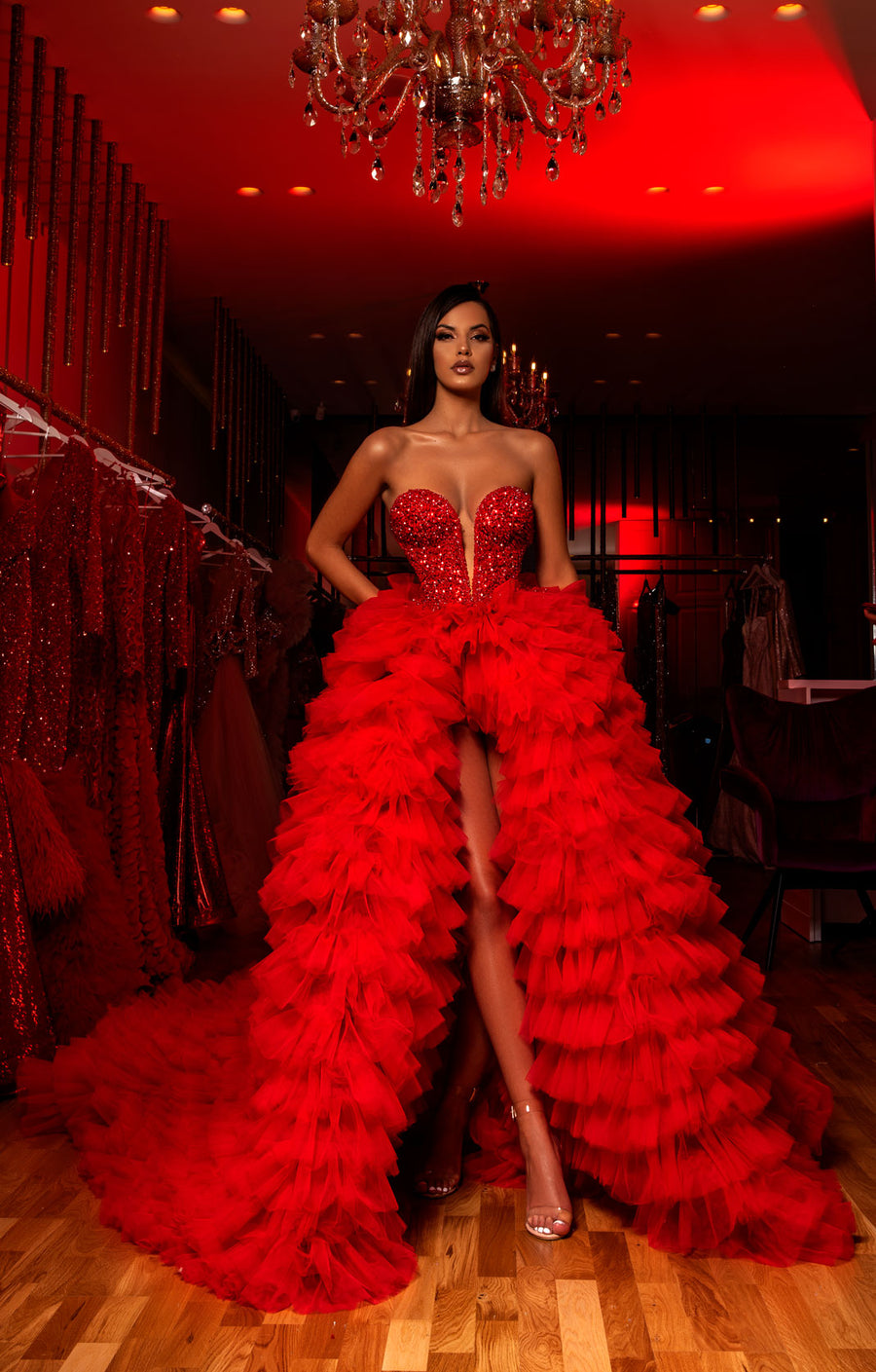 ALBINA DYLA RED BEADED RUFFLE GOWN