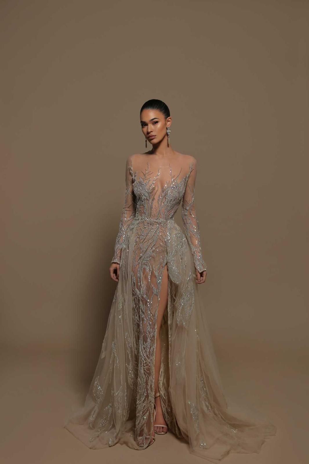 SWAROVSKI & PEARL BEADED HIGH NECK GOWN