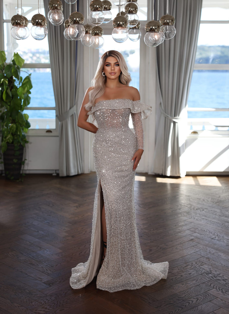 MODESSA BEADED GOWN WITH ONE SLEEVE & SHOULDER DETAIL