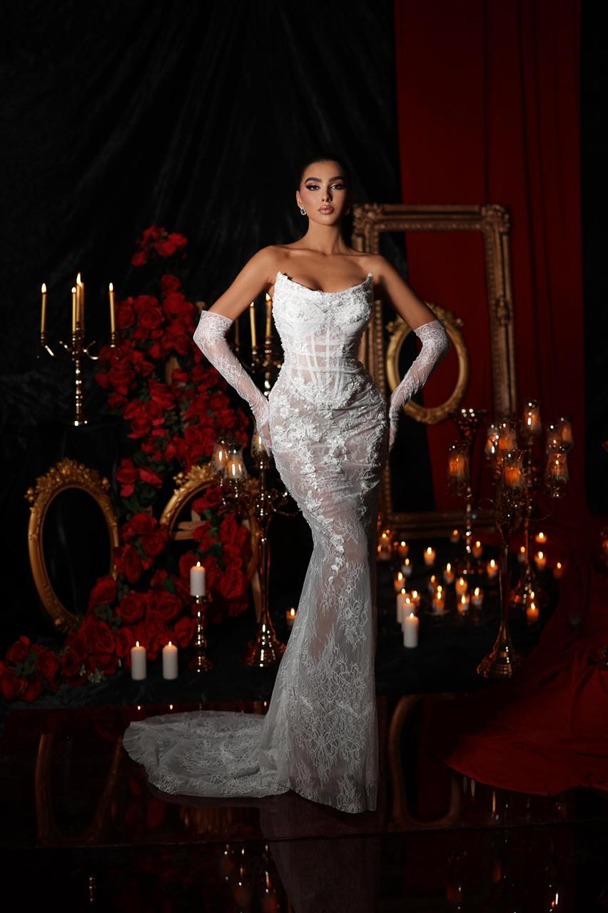 LS PLEATED CORSET GOWN WITH LACE TRIM & GLOVES