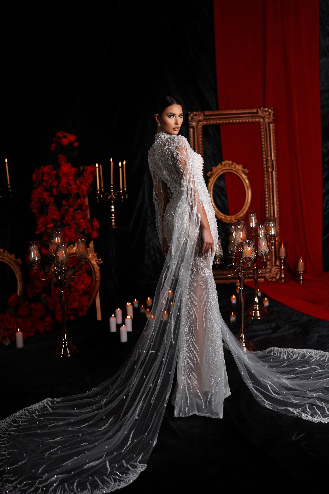 Beaded Corset Gown with Wrap-Over Mesh Skirt