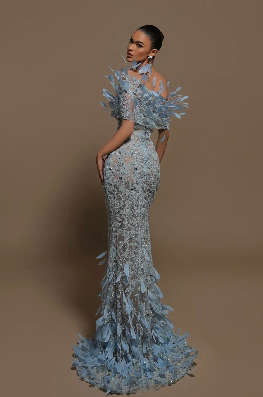DELPHINE BEADED GOWN WITH FEATHER FEATURE