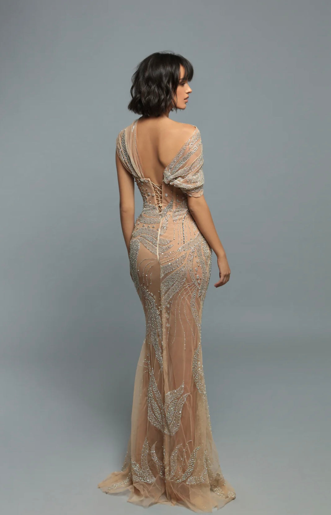 SWAROVSKI & PEARL BEADED HIGH NECK GOWN