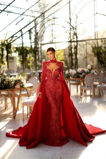 BEADED RED SLEEVED GOWN WITH DETACHABLE SKIRT