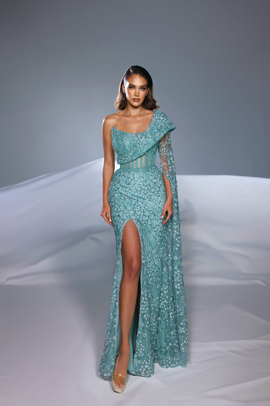 MODESSA TIFFANY BEADED ONE SHOULDER GOWN