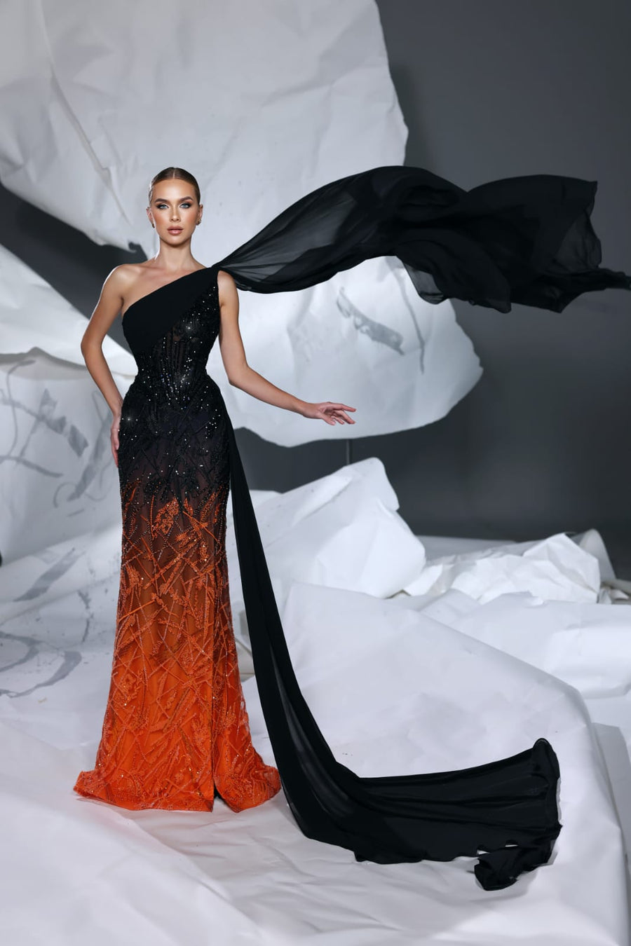 MODESSA BLACK & ORANGE BEADED CORSET GOWN MODESSA BLACK & ORANGE BEADED CORSET GOWN