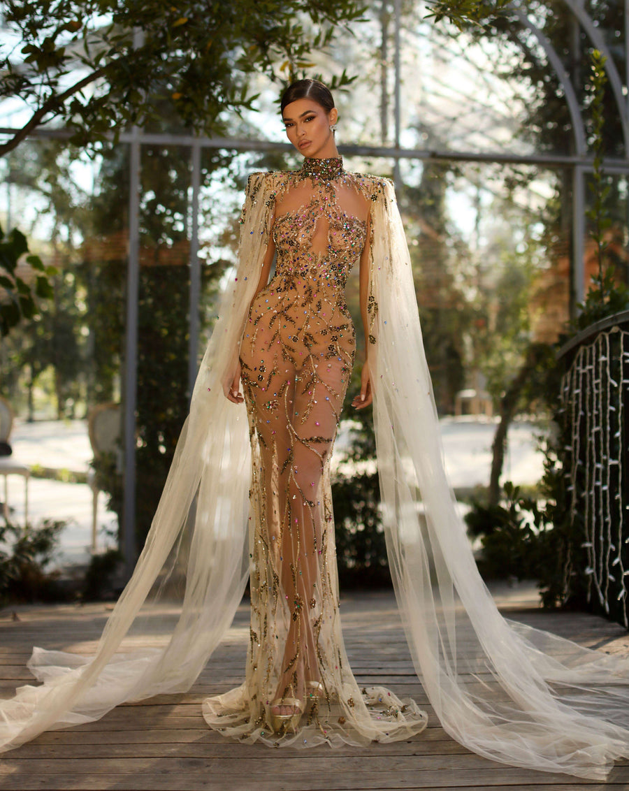 SWAROVSKI JEWELLED SHEER GOWN WITH TULLE DRAPE SLEEVE SWAROVSKI JEWELLED SHEER GOWN WITH TULLE DRAPE SLEEVE