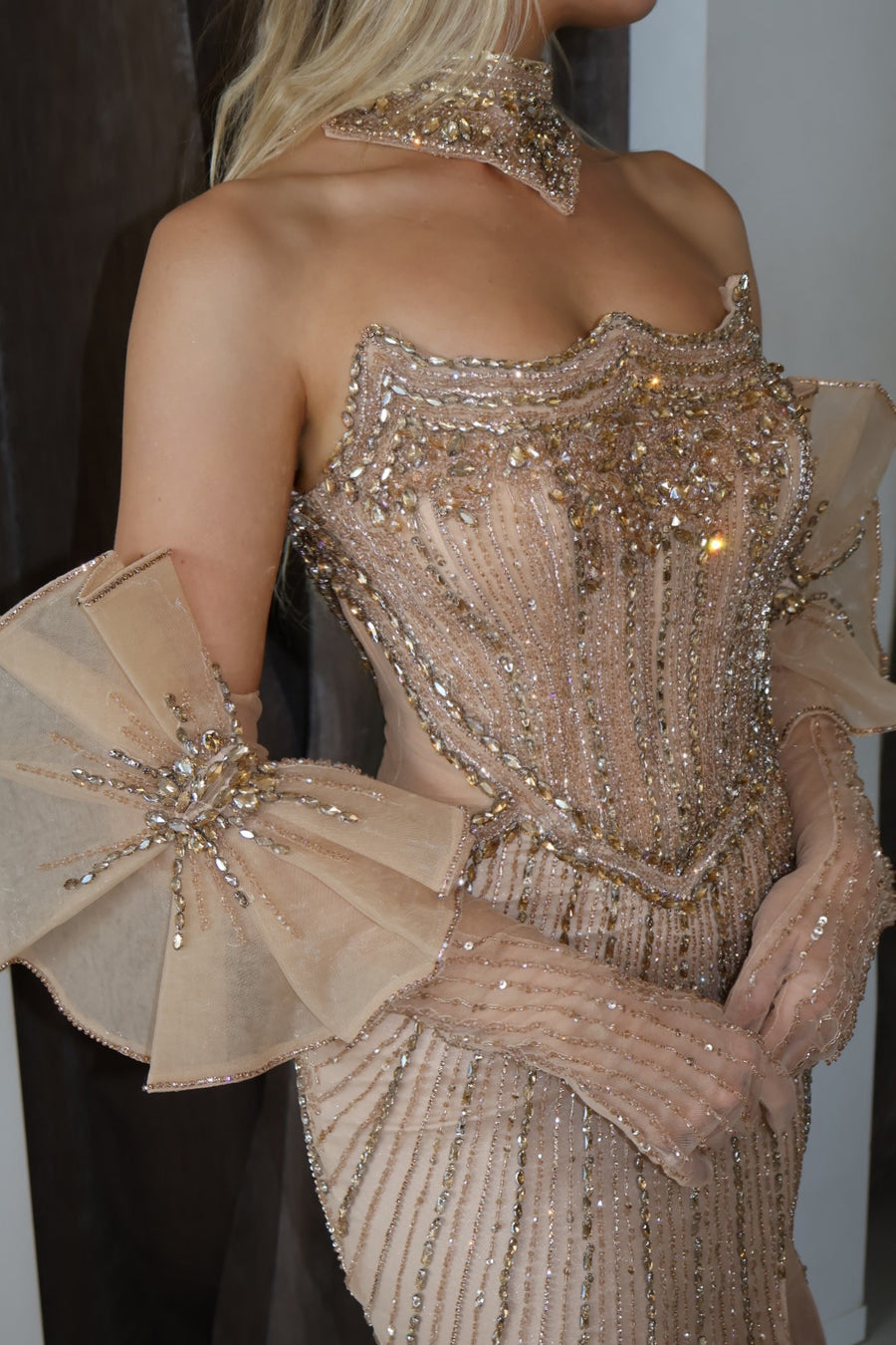 BEADED CORSET GOWN WITH DETACHABLE GLOVES