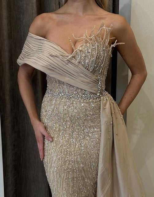 CRYSTAL & PEARL EMBELLISHED GOWN WITH BUST DETAIL AND SIDE TRAIN