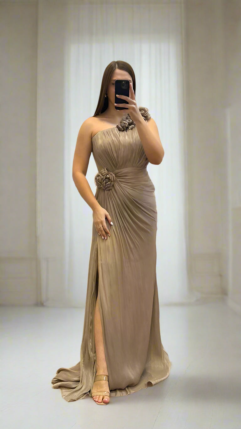 ONE SHOULDER FLORAL DRAPED GOWN