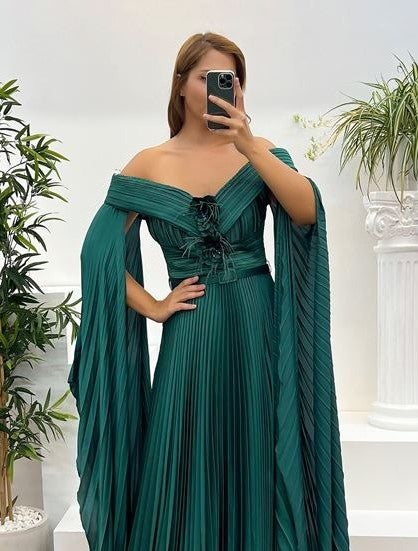 PLEATED DRAPED SLEEVE GOWN