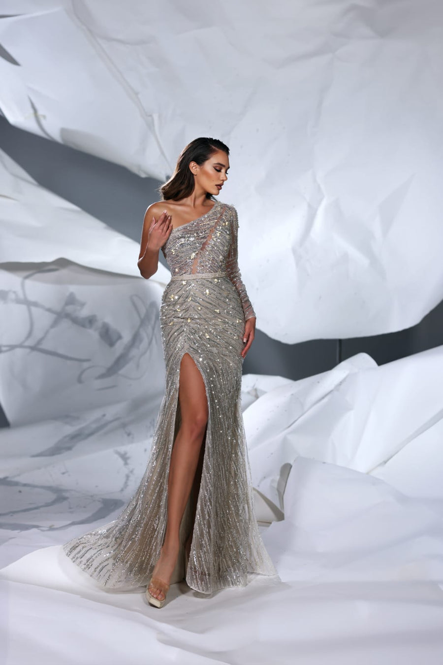 MODESSA SILVER ONE SLEEVE BEADED GOWN MODESSA SILVER ONE SLEEVE BEADED GOWN
