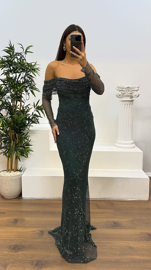 OFF SHOULDER BEADED GOWN WITH SLEEVES