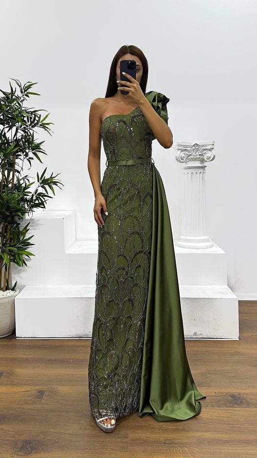 RUFFLE SHOULDER EMBELLISHED GOWN WITH DETACHABLE BELT AND SKIRT