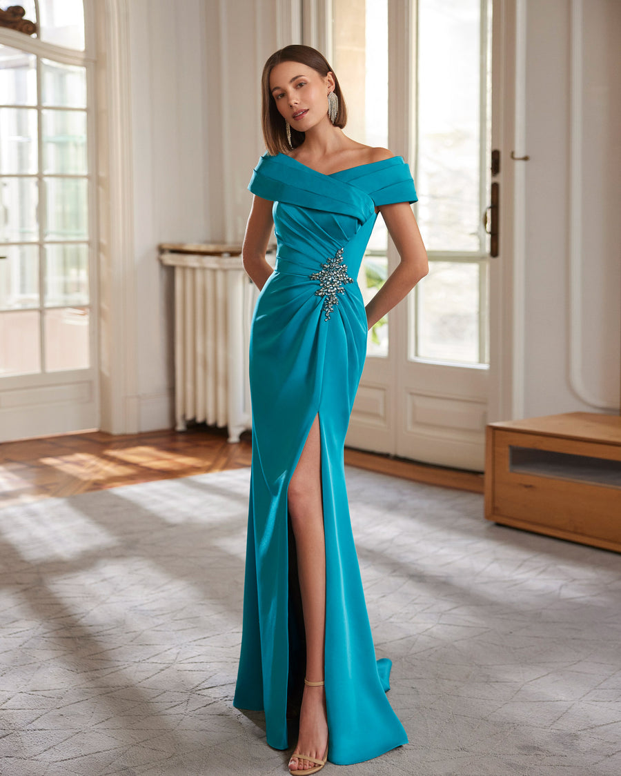 CUFF NECKLINE GOWN WITH EMBELLISHED WAIST