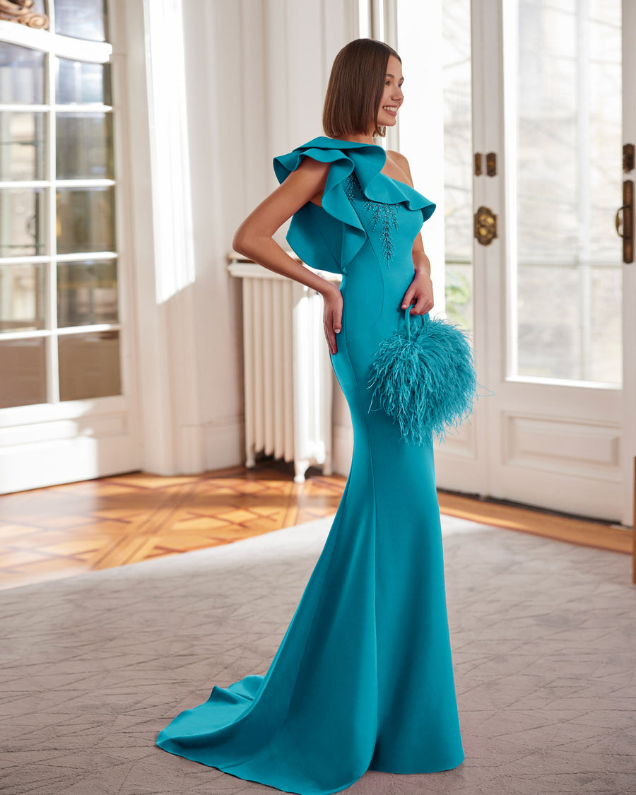 ASSYMETRIC RUFFLE CREPE GOWN