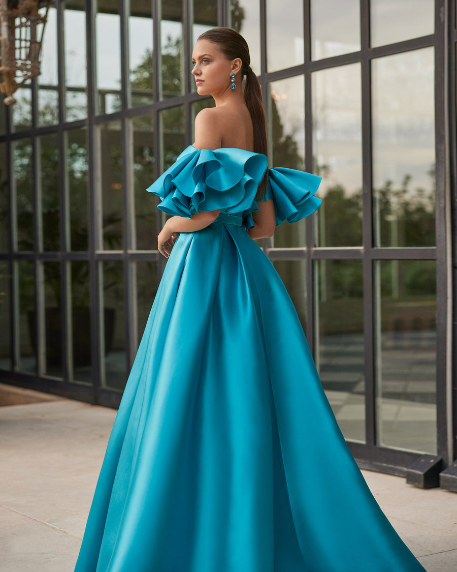 TWO PIECE MIKADO GOWN WITH DETACHABLE SLEEVES