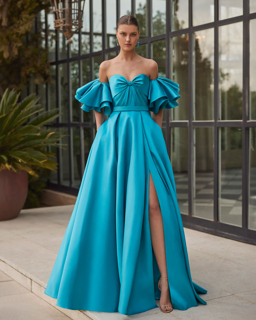 TWO PIECE MIKADO GOWN WITH DETACHABLE SLEEVES