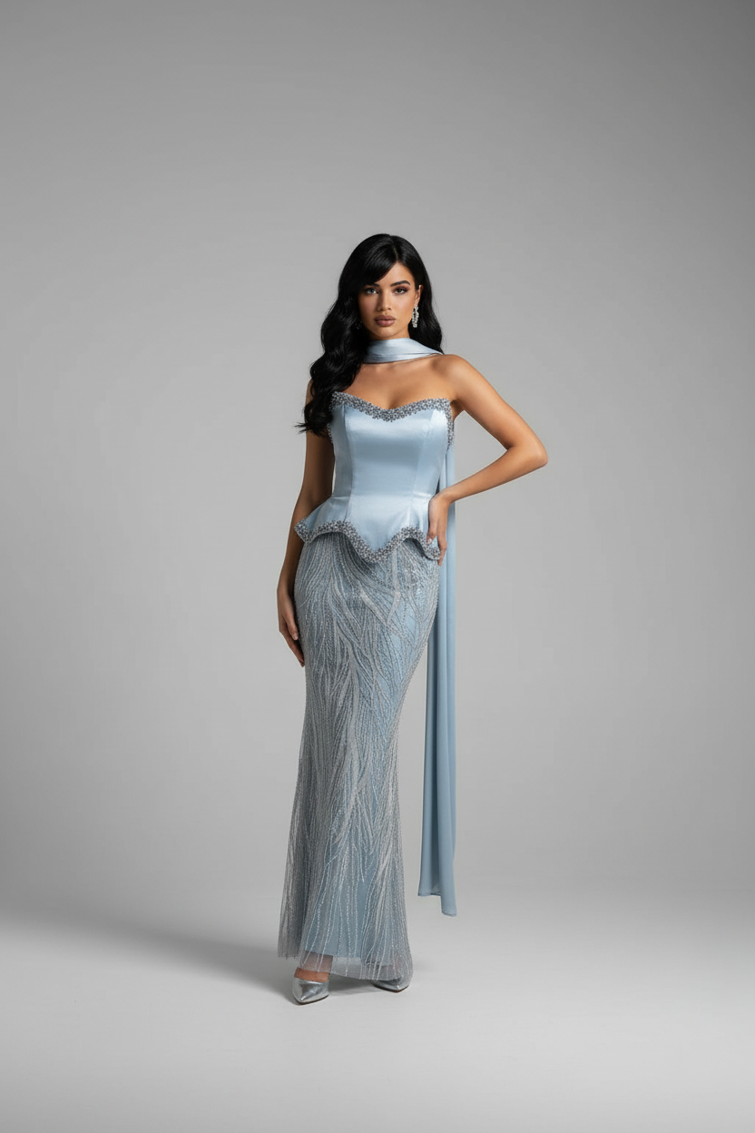 BABY BLUE INVERTED SATIN CORSET GOWN