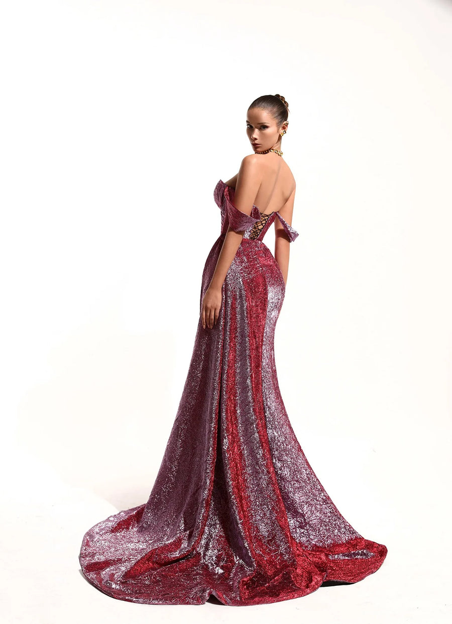 BELLA SHIMMER BROCADE DRAPED GOWN
