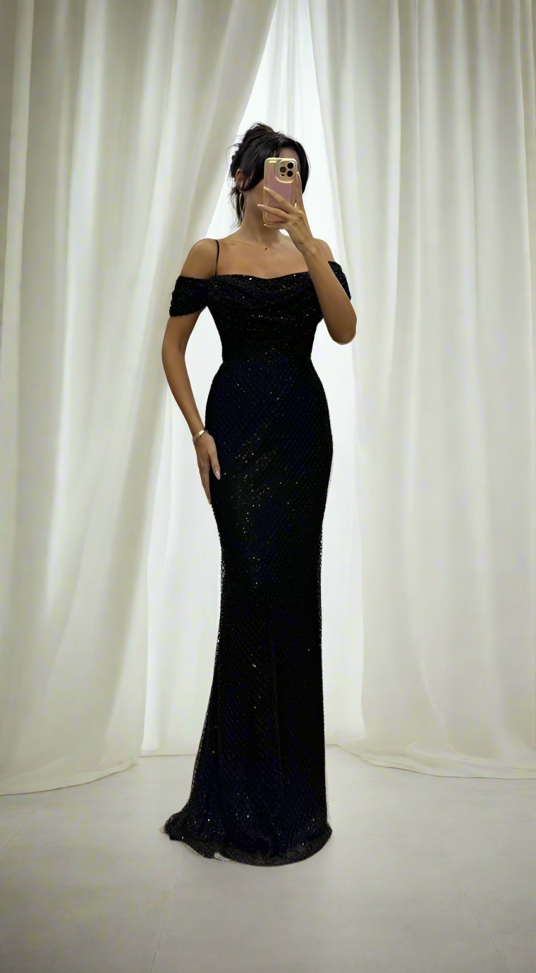 BEADED EMBROIDERED DRAPED OFF SHOULDER GOWN