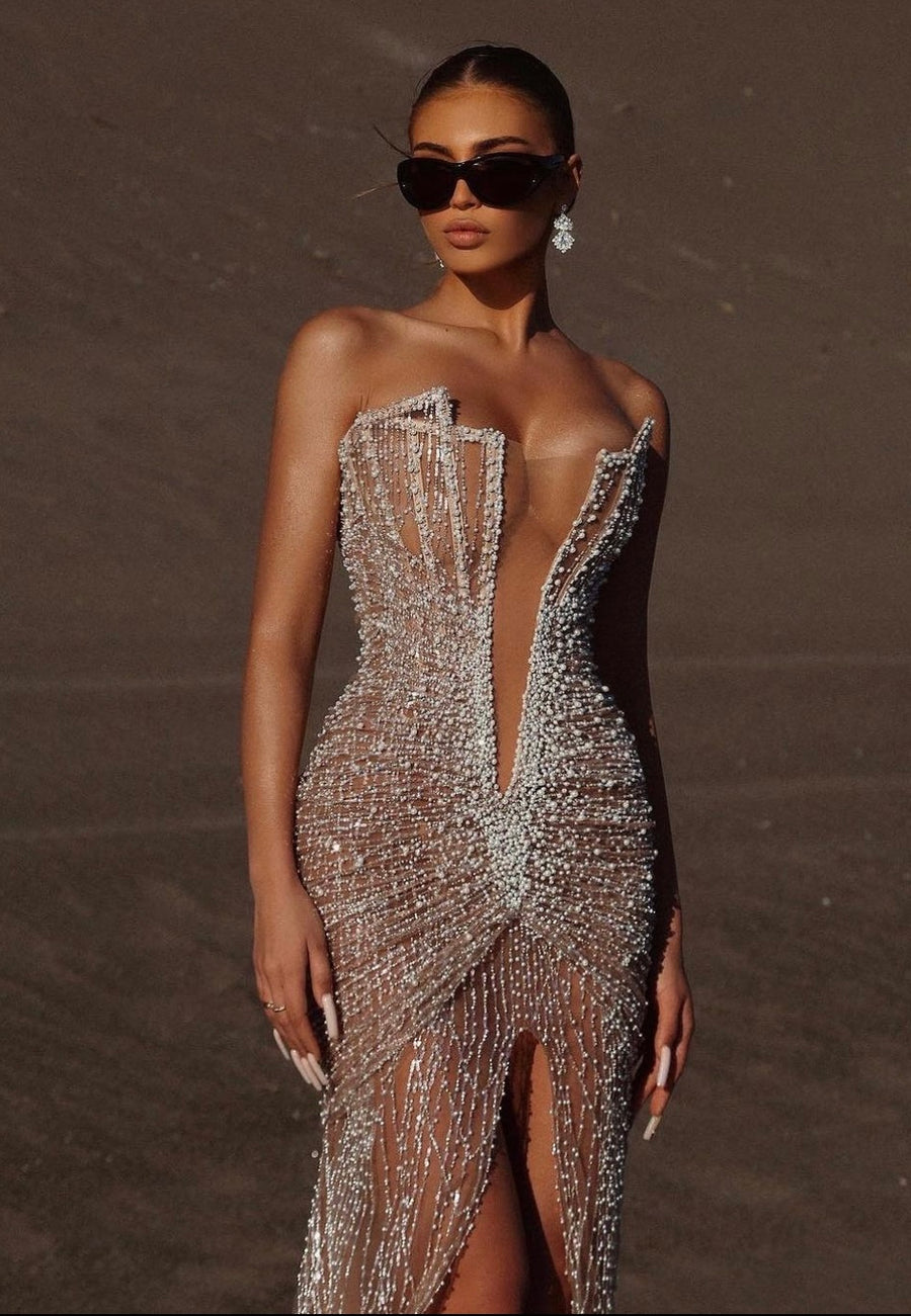 PEARL BEADED DEEP V CORSET GOWN