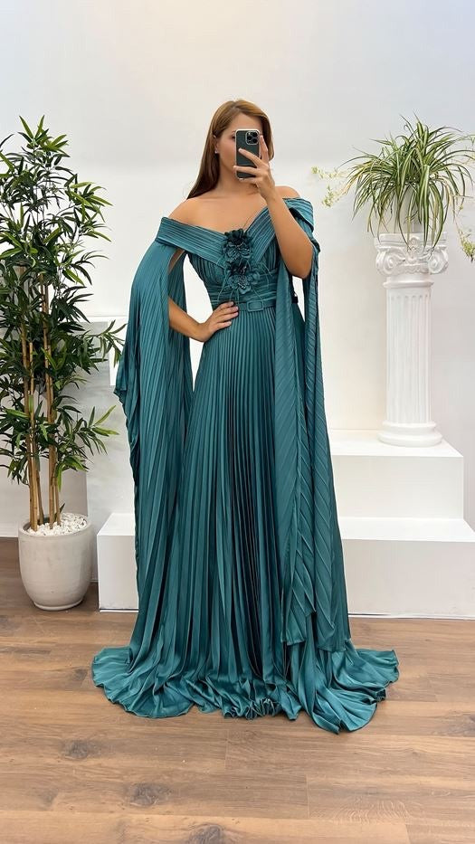 PLEATED DRAPED SLEEVE GOWN